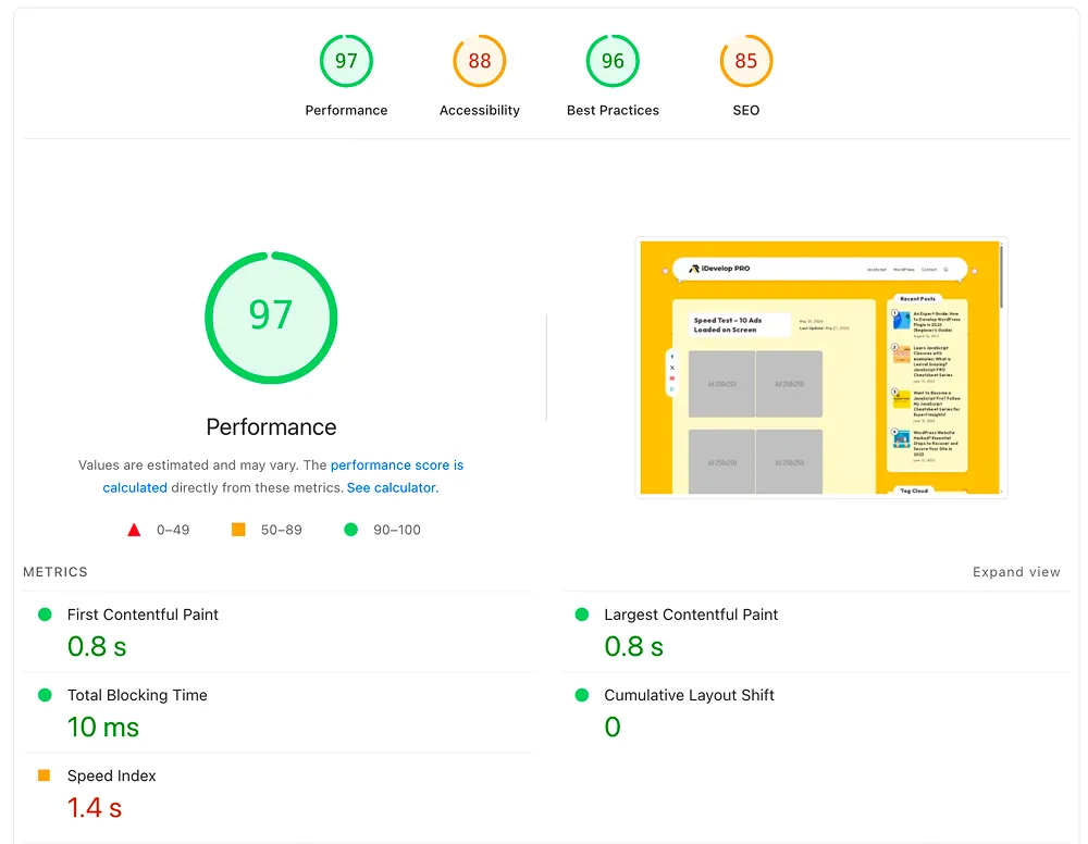 Performance waterfall profiling report showing AdVajra as the fastest loading ad plugin wordpress alternative, rendering multiple ad units instantly without server-side latency spikes.