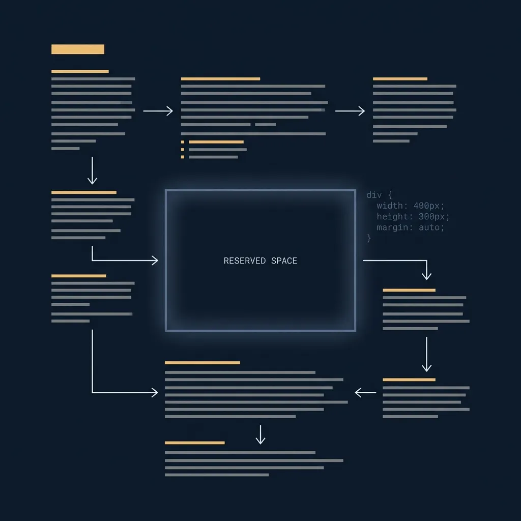 Technical diagram showing a rigid reserved layout container holding stable space while page content flows cleanly around it