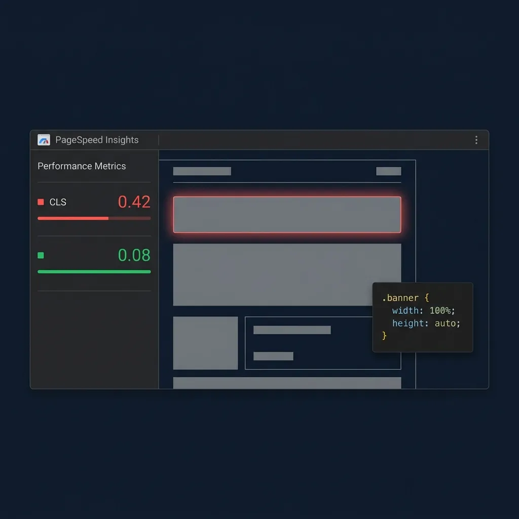 Premium editorial hero for How to Fix Cumulative Layout Shift Caused by WordPress Ads — showing a Core Web Vitals meter and stable layout grid on a dark navy background.