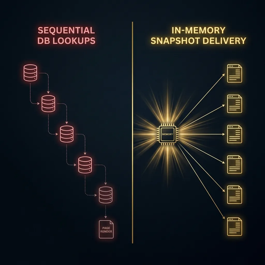 Architectural comparison diagram showing legacy sequential database query chains versus AdVajra's single in-memory snapshot distribution model — illustrating the zero-query page assembly approach.