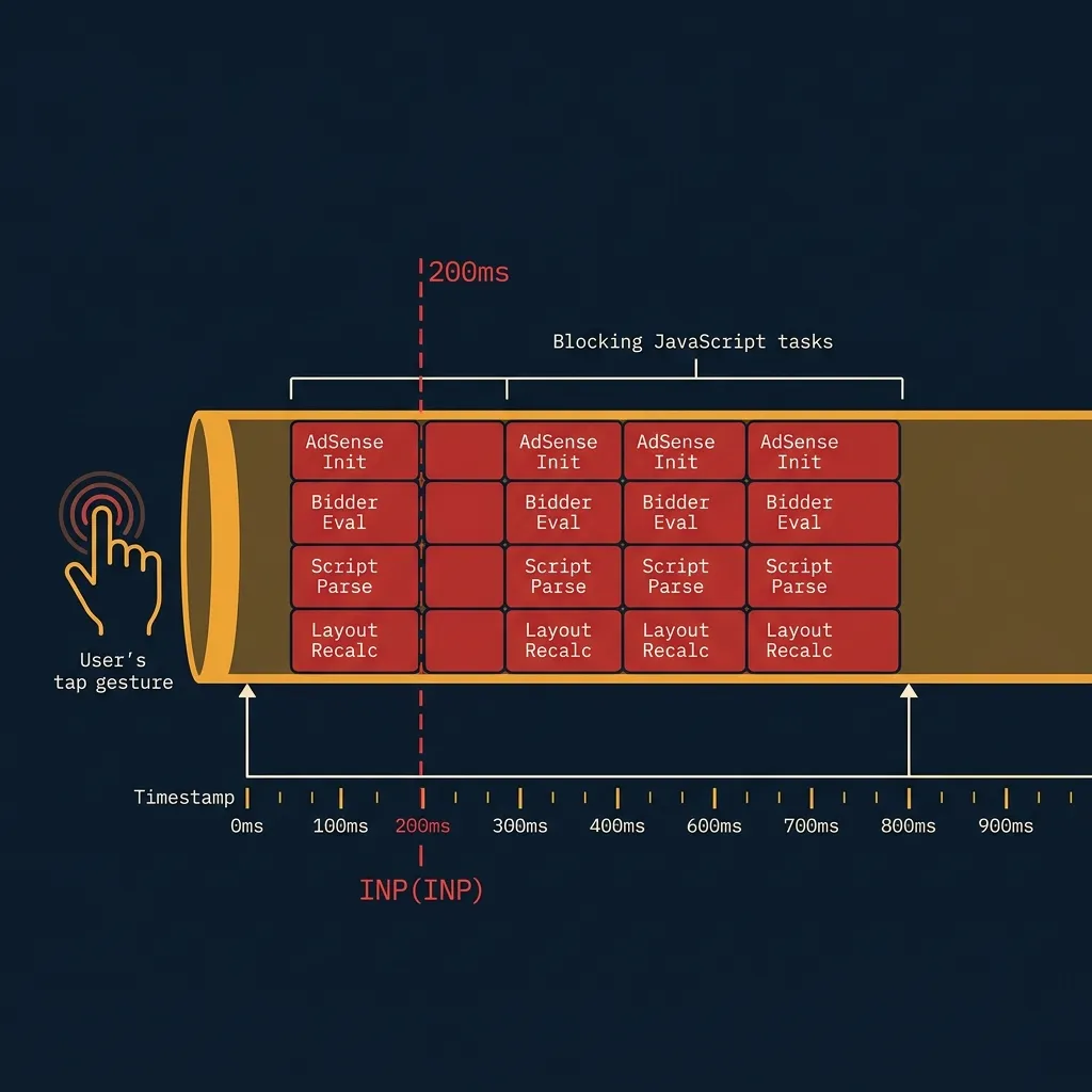 Browser main thread timeline showing multiple long JavaScript tasks from ad scripts blocking a mobile user's tap gesture until 800ms — well past the 200ms INP threshold