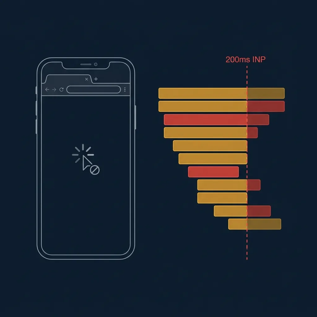 A wireframe mobile browser with a frozen cursor next to a JavaScript long-task performance timeline showing multiple tasks crossing the 200ms INP threshold.