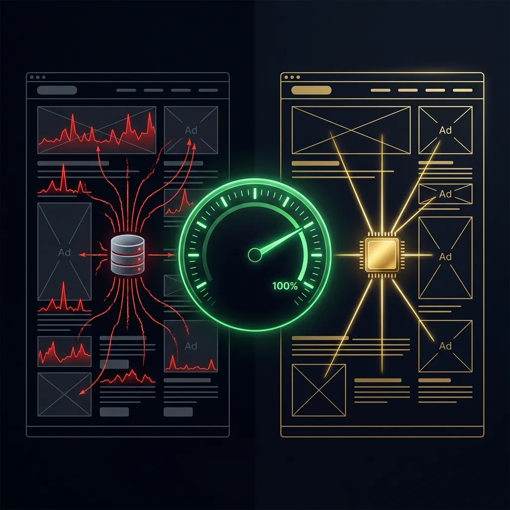 Dark cinematic editorial image contrasting a legacy server rack with red warning indicators against a modern in-memory chip system glowing gold — representing the shift from database-driven ad loading to zero-query page assembly.