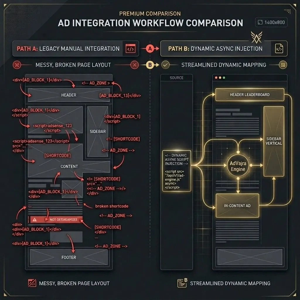 Why Most WordPress Ad Workflows Still Feel Broken — a visual representing fragmented ad tags and a modern, cohesive developer dashboard.